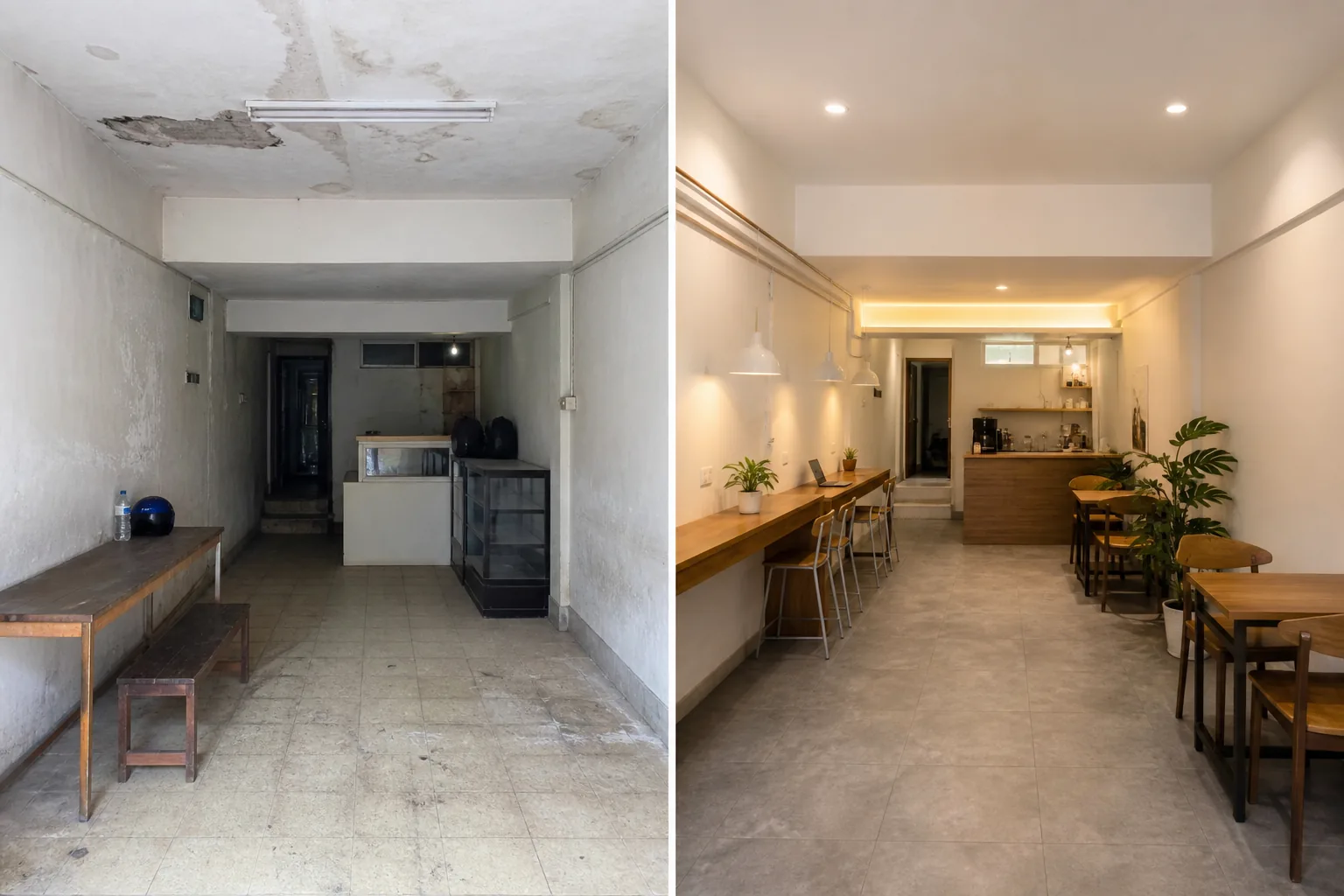Before dan after renovasi interior komersial Makassar
