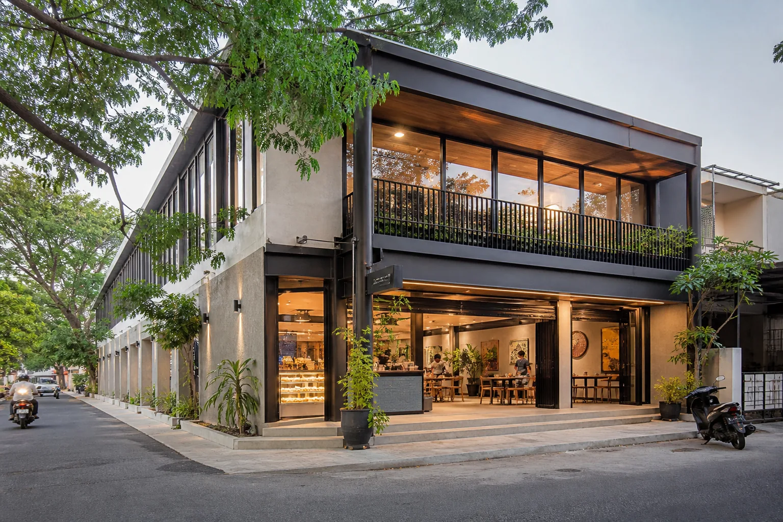 Bangunan komersial modern di Makassar untuk cafe, retail dan kantor